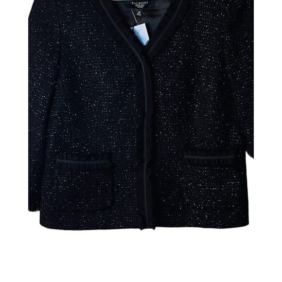 Talbots Sweater Womens Size 10P Black Silver Wool Lined Ruffled Trim Grace NWT - Picture 4 of 10